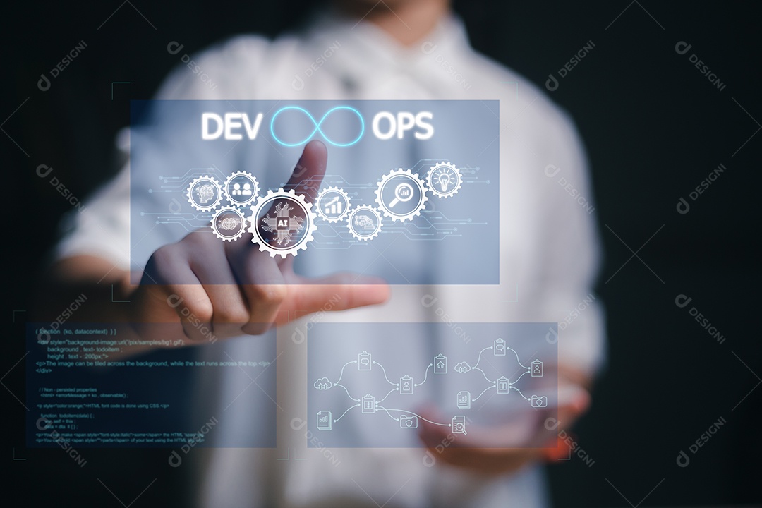 Programação ágil e conceito DevOps. Engenheiro trabalhando na tela virtual. Operações de TI, alta qualidade de software e desenvolvimento de software.