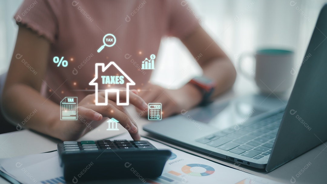 Conceito de imposto sobre a propriedade. negócios, empresária calcular imposto predial