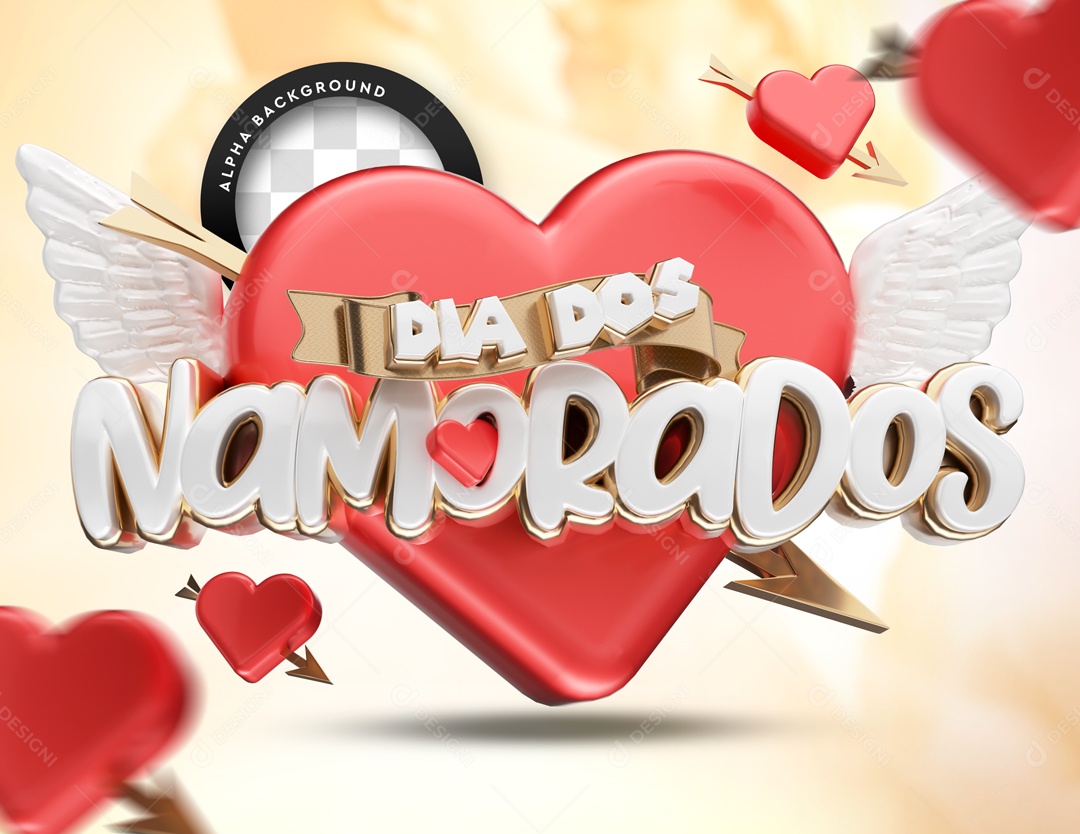 Selo 3D Dia Dos Namorados Coração Vermelho Asas Para Composição PSD