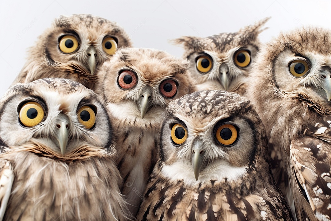 Belo retrato de um grupo de corujas sobre fundo branco