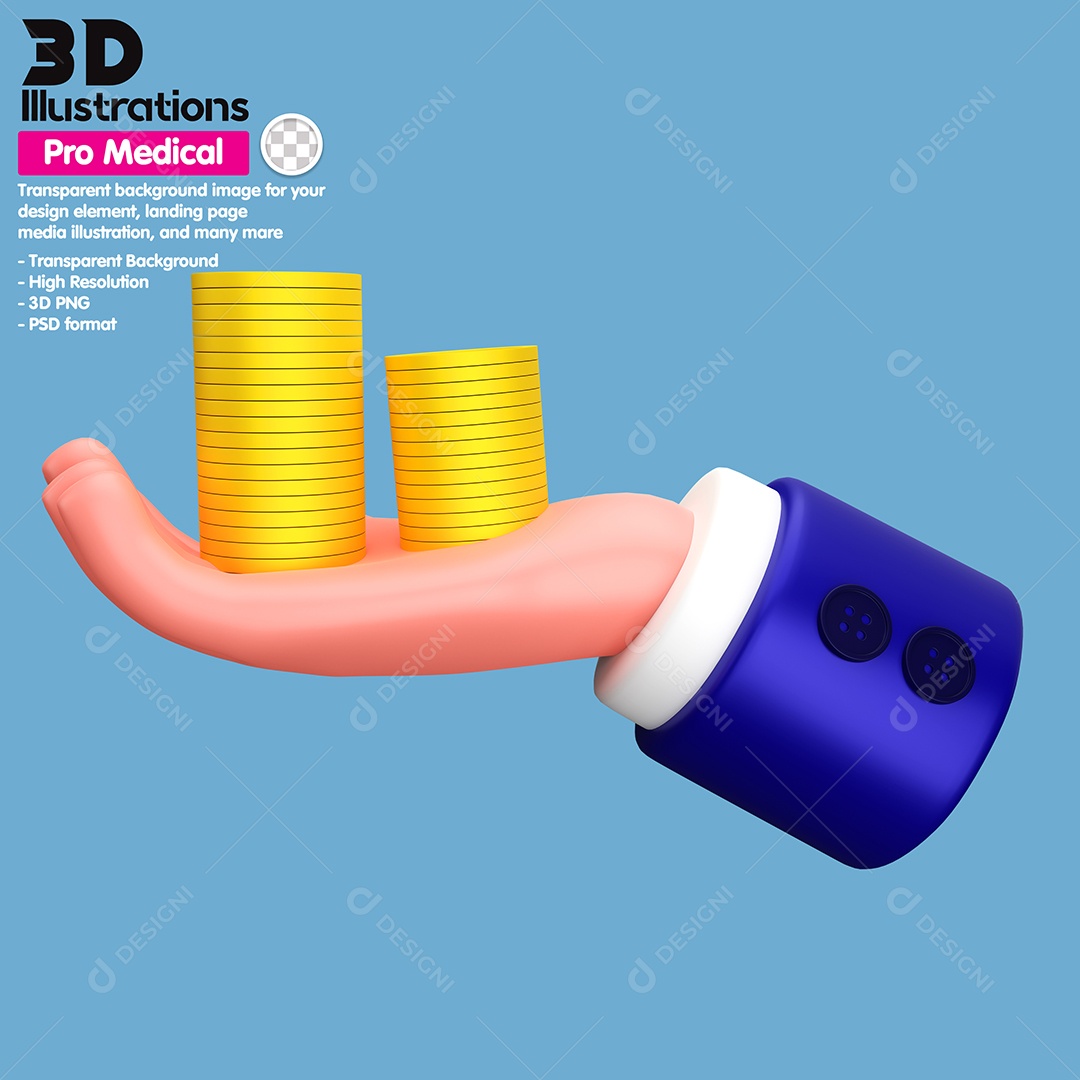 Mão Com Moedas Elemento 3D Para Composição PSD