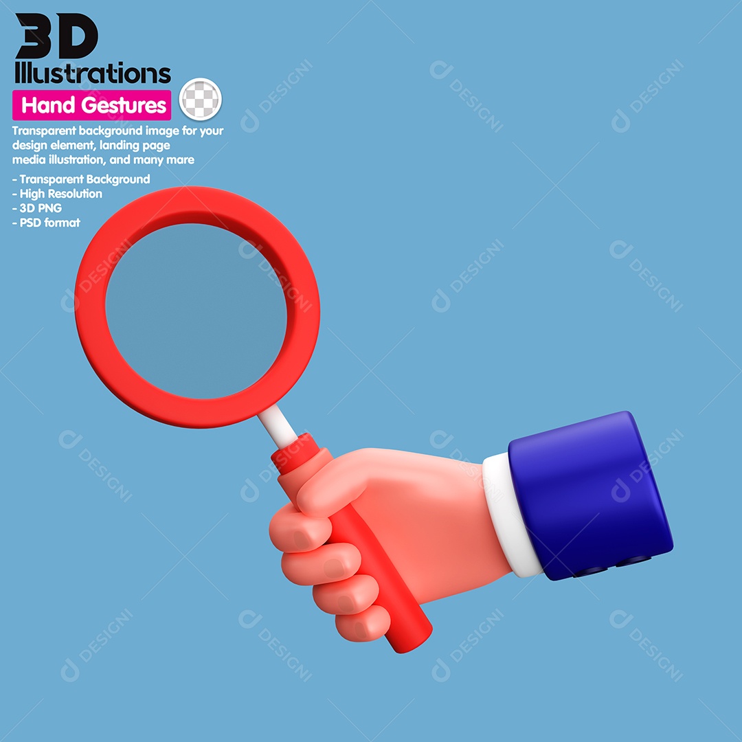 Hand Holding a Magnifying Glass 3D Element for PSD Composition