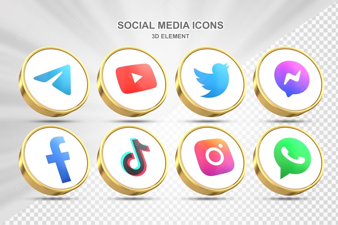Ícones 3D Redondo Branco E Dourado Rede Sociais Para Composição PSD