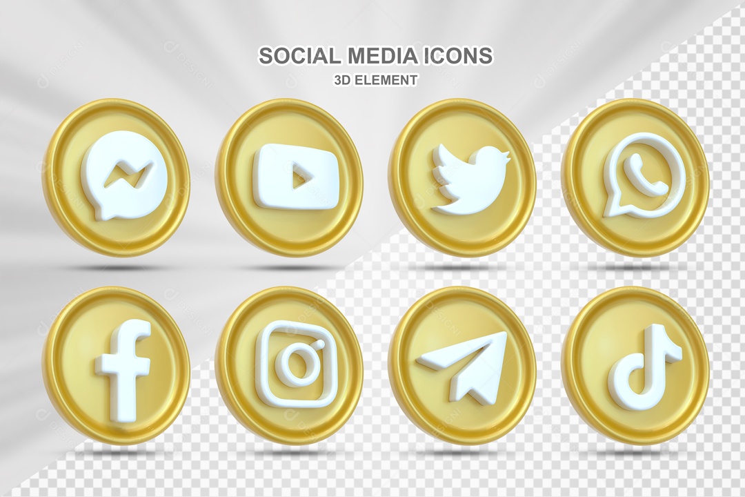 Ícones 3D Dourado Redondo Rede Sociais Para Composição PSD