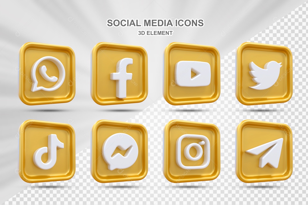 Ícones 3D Quadrado Dourado Rede Social Para Composição PSD
