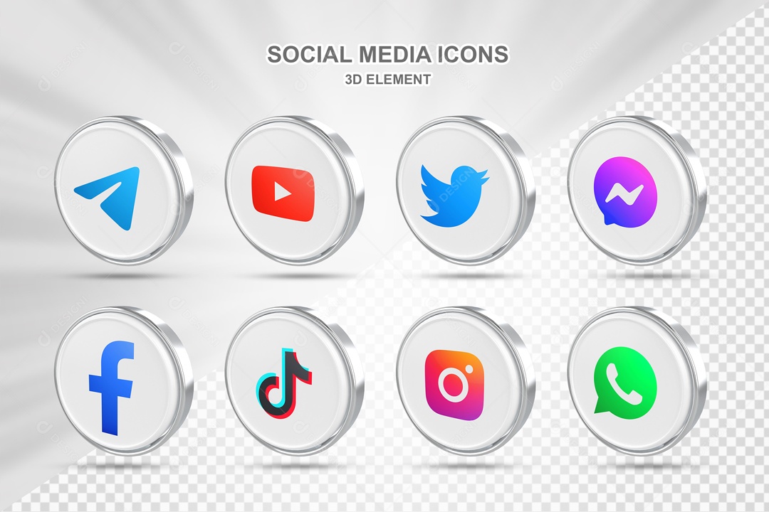 Ícones 3D Redondo Branco Prata Rede Sociais Para Composição PSD
