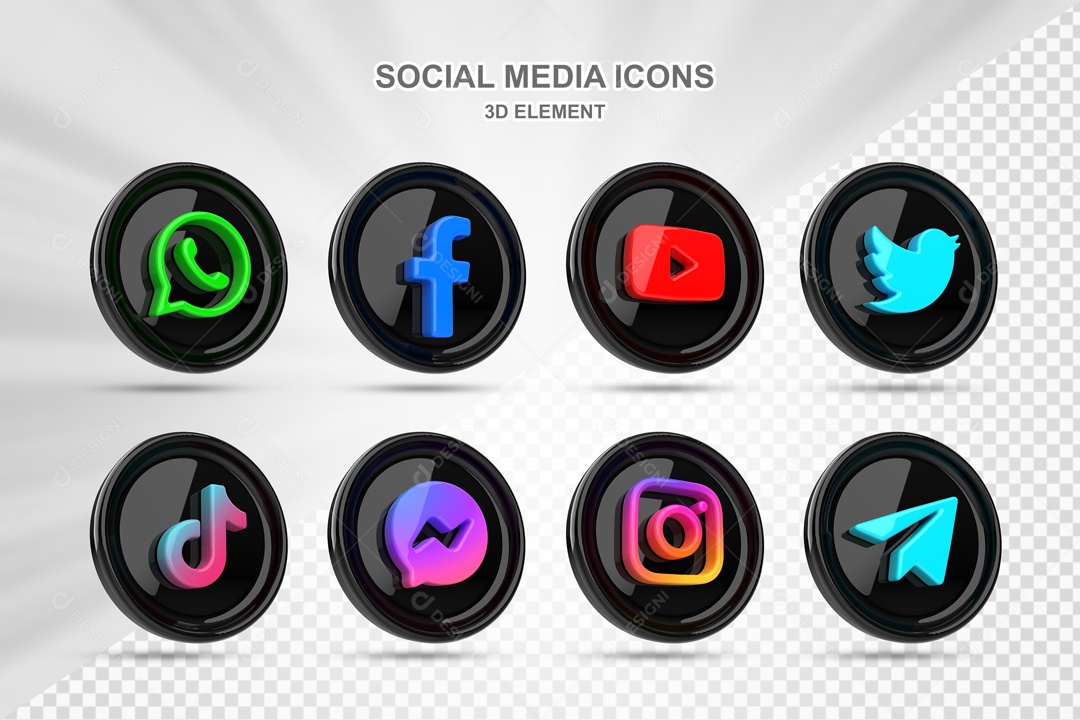Ícones 3D Circular Preto Rede Sociais Para Composição PSD