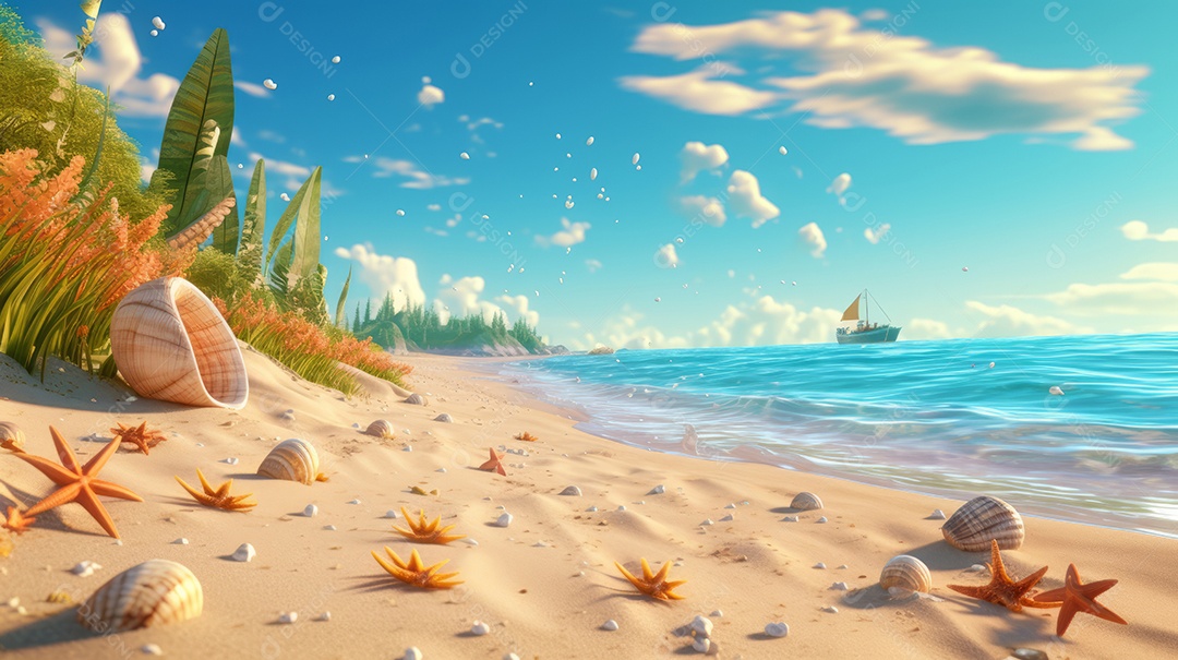 Verão, a estação mais quente Ilustração vetorial do mar Cena de fundo branco IA generativa.