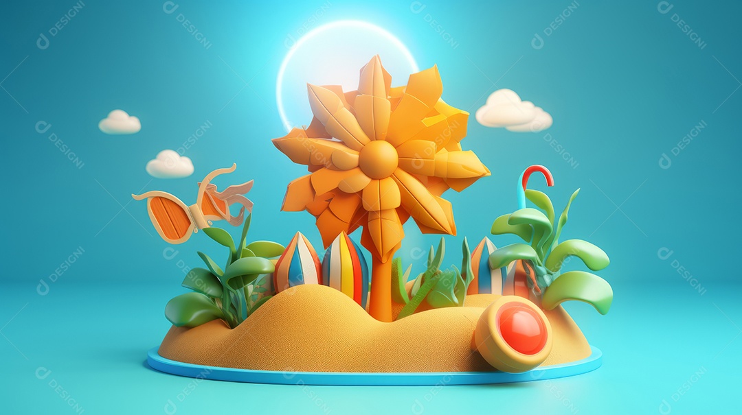Desenho animado de sol verão ilustração 3D.