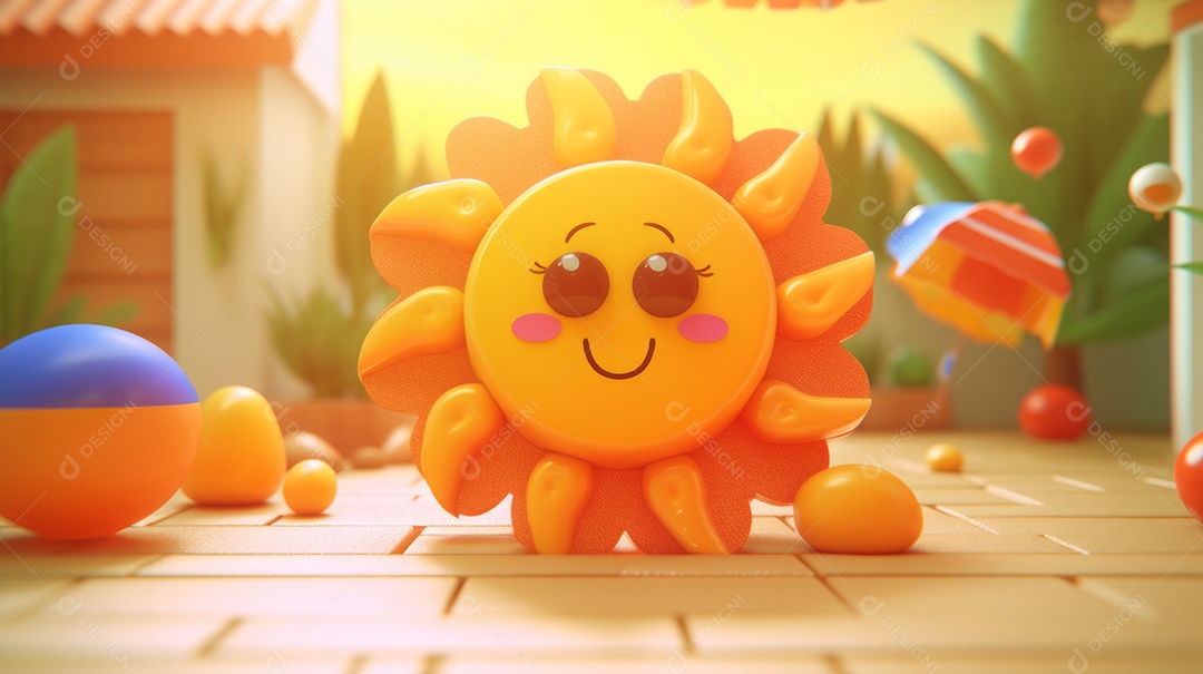 Desenho animado de sol verão ilustração 3D.
