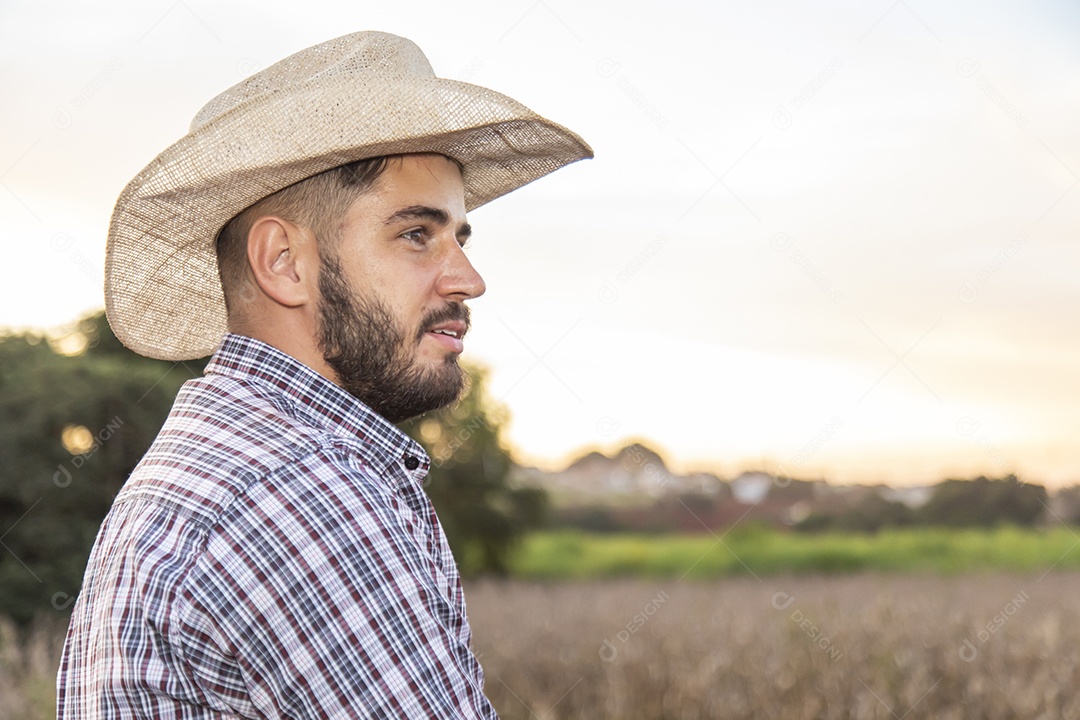 Homem jovem agricultor sobre plantio
