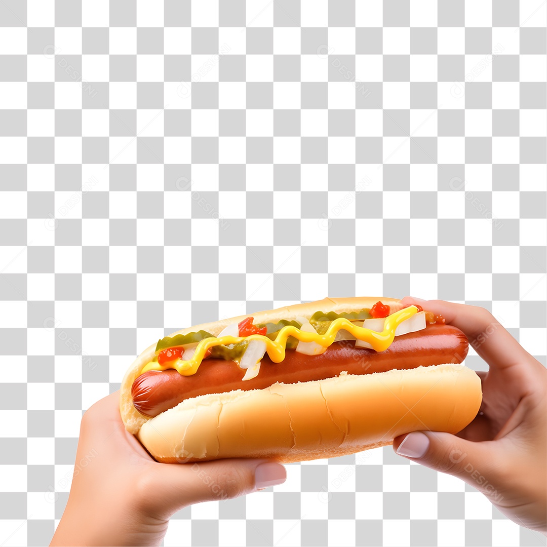 Mãos de pessoa segurando Cachorro quente alimento saboroso