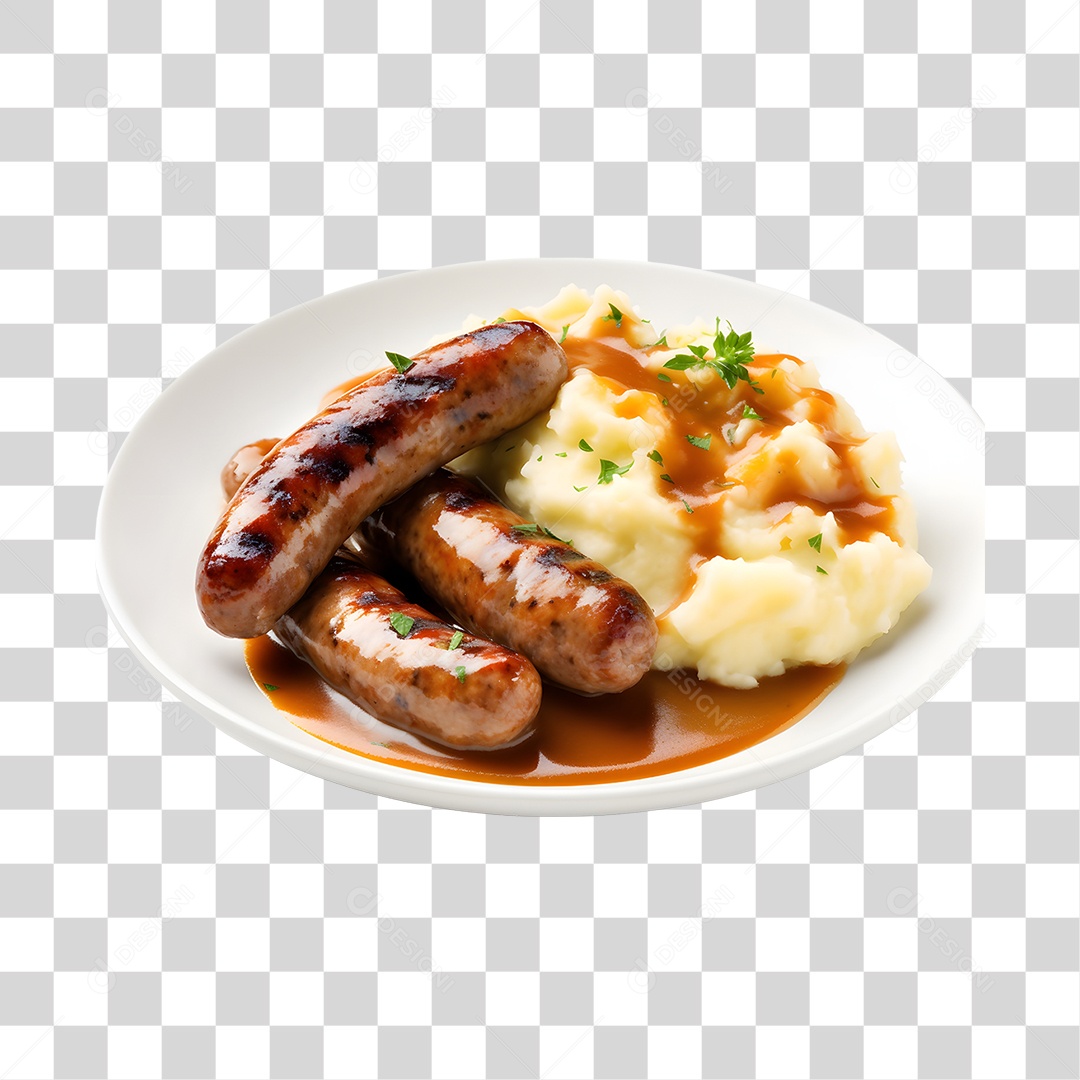 Linguiças purê sobre prato branco PNG Transparente