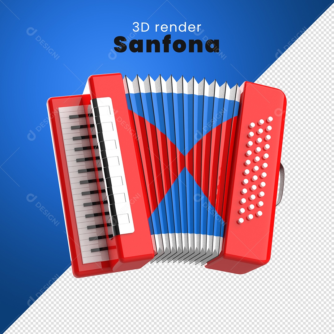 Elemento 3D Sanfona Vermelha e Azul Para Composição PSD