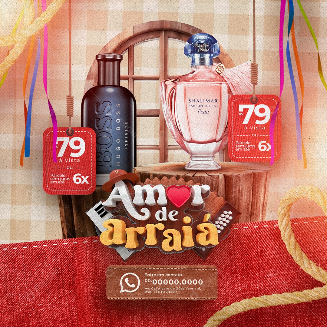 Campanha Publicitária Amor De Arraiá Perfumes 79,00 À Vista ou 6x Perfumaria Social Media PSD Editável
