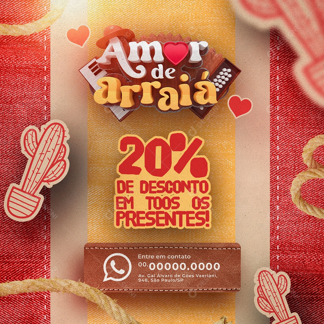 Campanha Publicitária Amor De Arraiá 20% De Desconto Em Todos Os Presentes Social Media PSD Editável