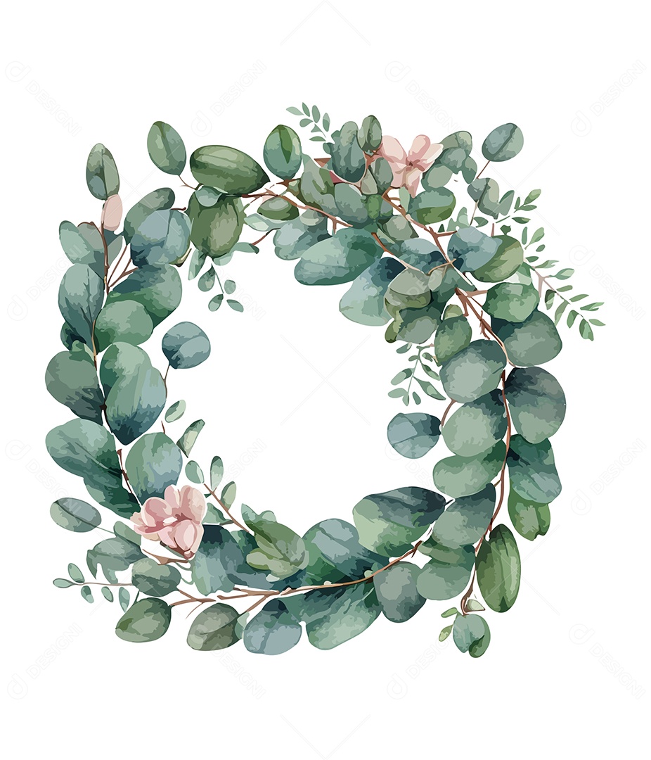 Moldura De Flor De Aquarela Verde Em Forma De Círculo Desenhada Á Mão Vetor EPS