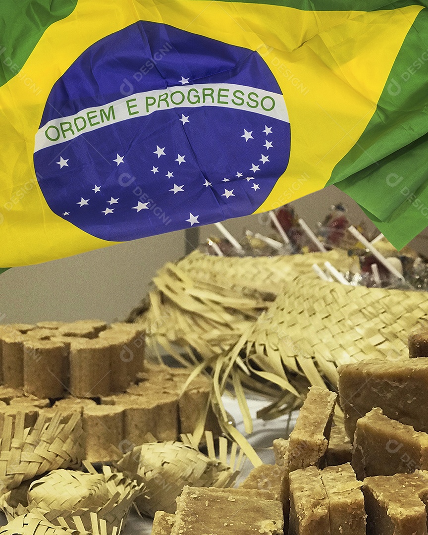 Comida típica da festa junina com bandeira do brasil. Imagem do conceito da famosa festa cultural brasileira.