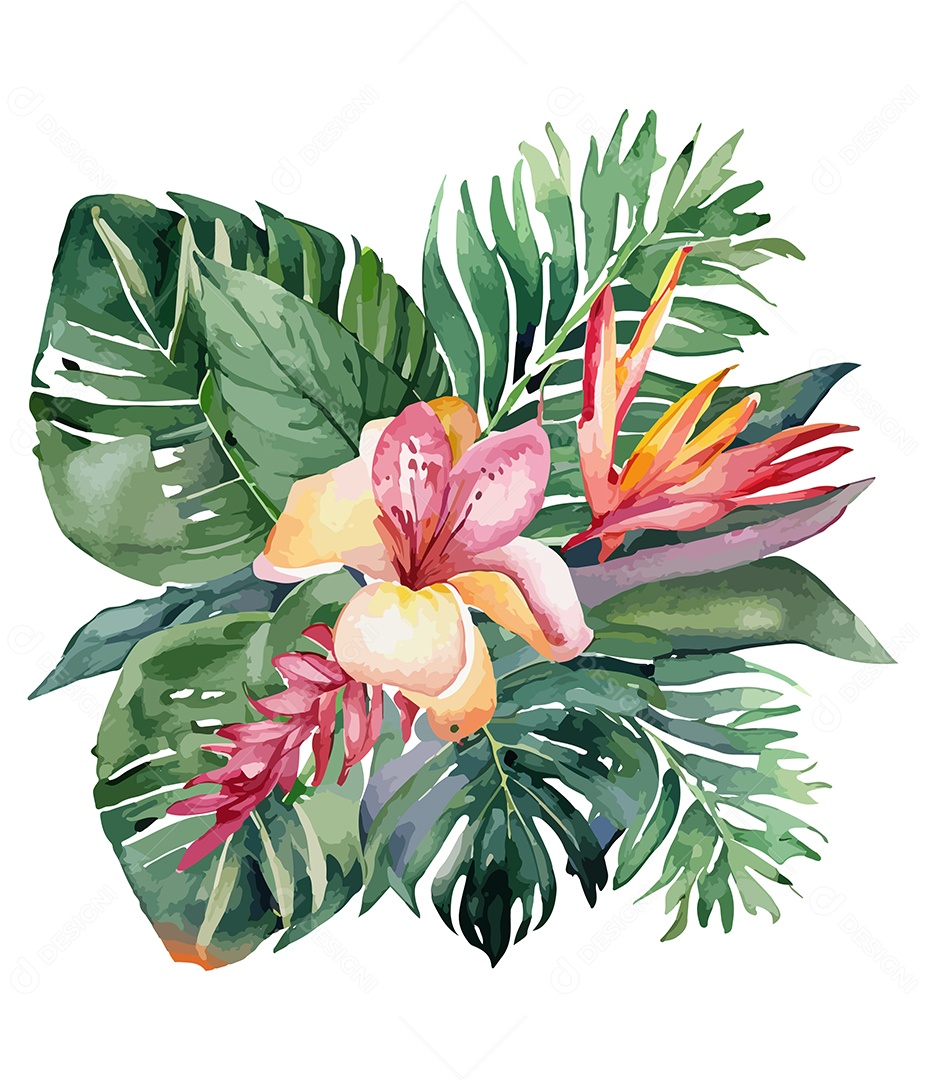 Flor e Folha Em Aquarela Desenhada Á Mão Vetor EPS