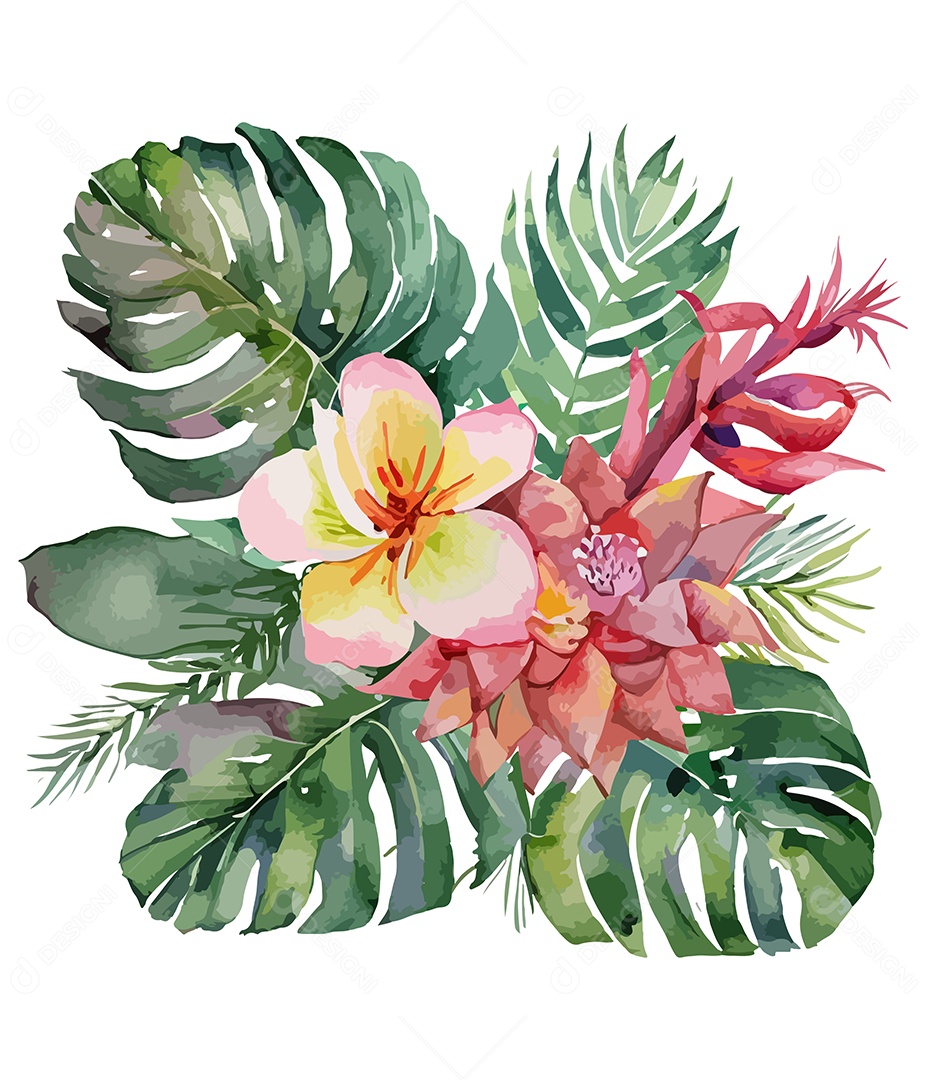 Folha e Flores Em De Aquarela Desenhada Á Mão Vetor c