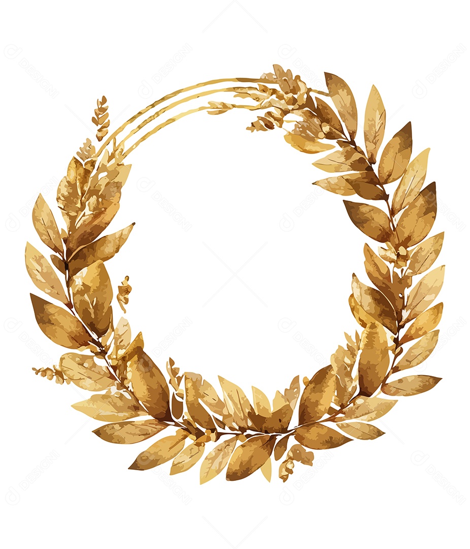 Flor De Aquarela Dourado Em Forma De Círculo Desenhada Á Mão Vetor EPS