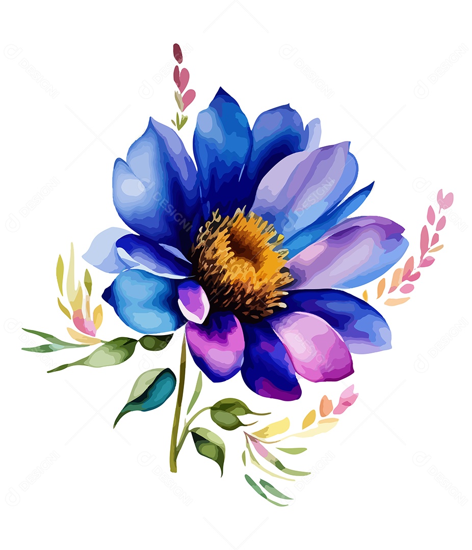 Desenho De Flor Azul e Roxo Em Aquarela Desenhada Á Mão Vetor EPS