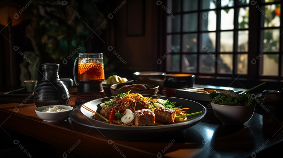 Prato De Comida Japonesa Sobre A Mesa