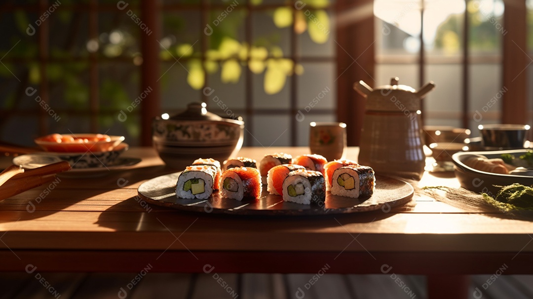 Prato De Comida Japonesa Sushis Sobre A Mesa