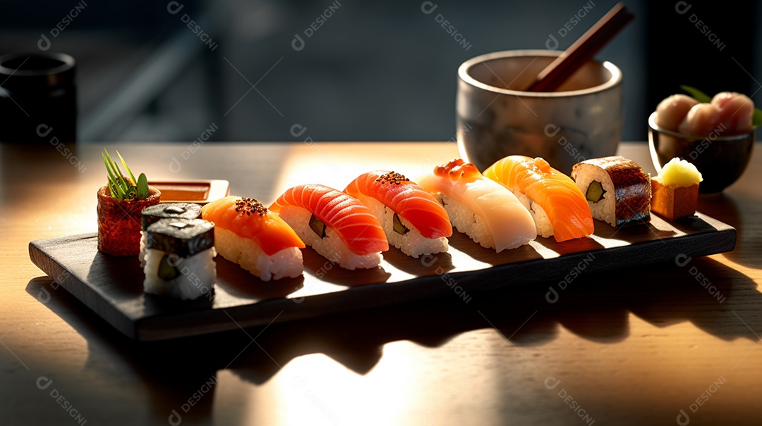 Prato De Comida Japonesa Sushis Sobre A Mesa