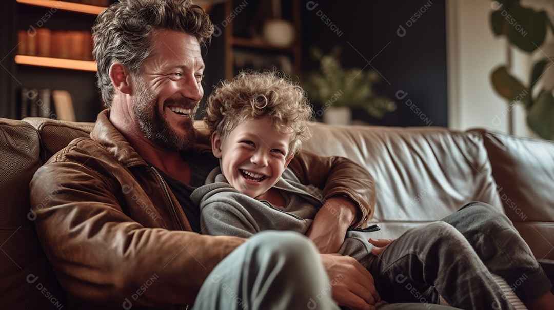 Pai e filho abraçados sentados no sofá