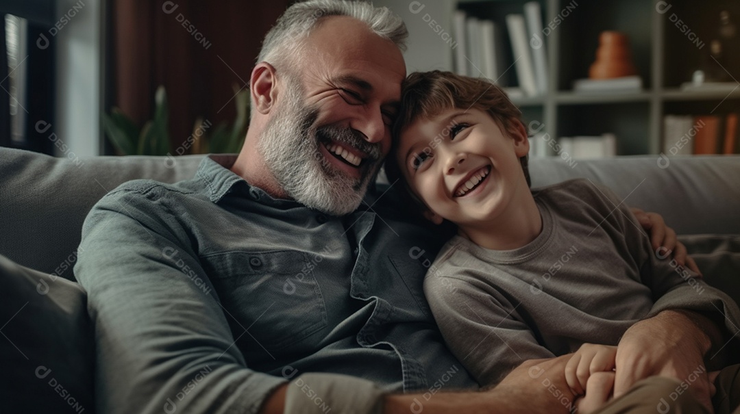 Pai e filho abraçados sentados no sofá