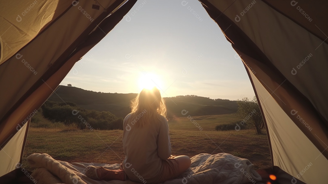 Mulher sentada na barraca do acampamento