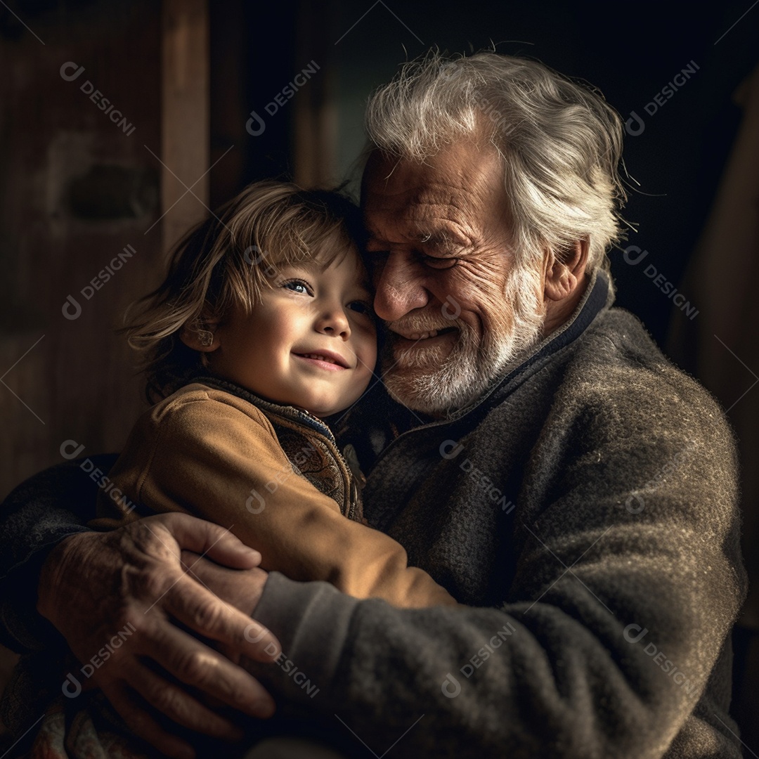Avô e neto felizes abraçados