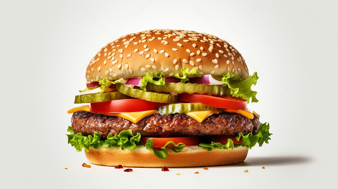 Delicioso hambúrguer suculento em fundo branco