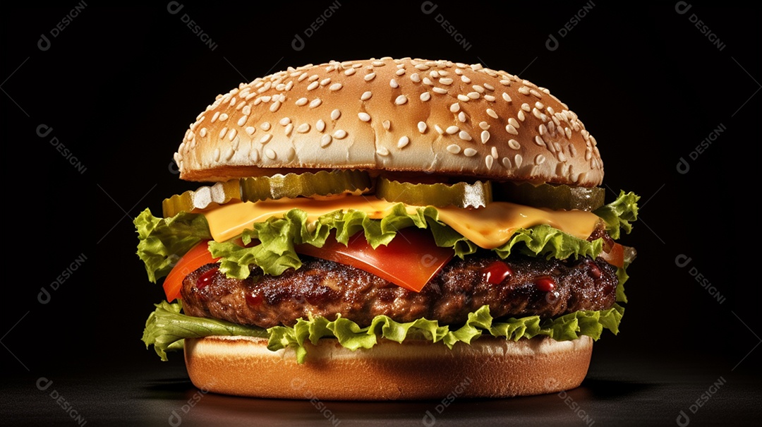 Delicioso hambúrguer suculento em fundo preto