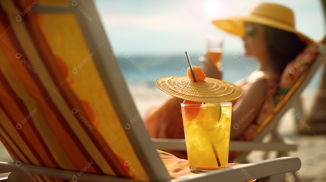 Mulher deitada na cadeira com bebida refrescante