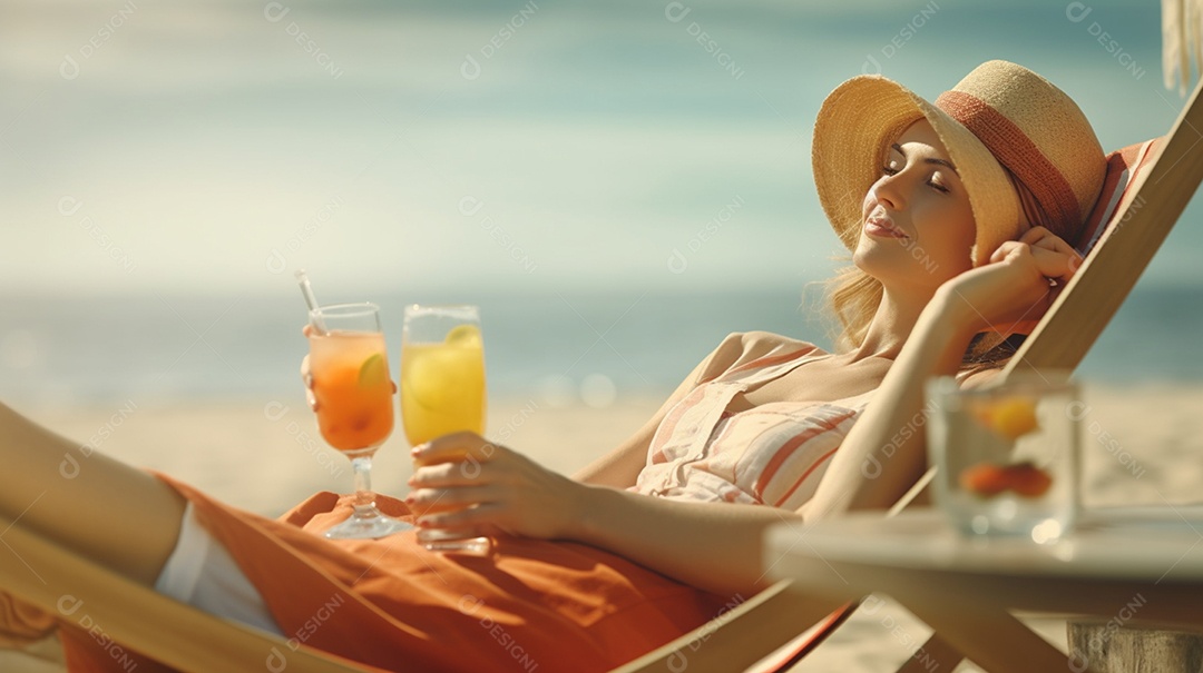 Mulher deitada na cadeira com bebida refrescante