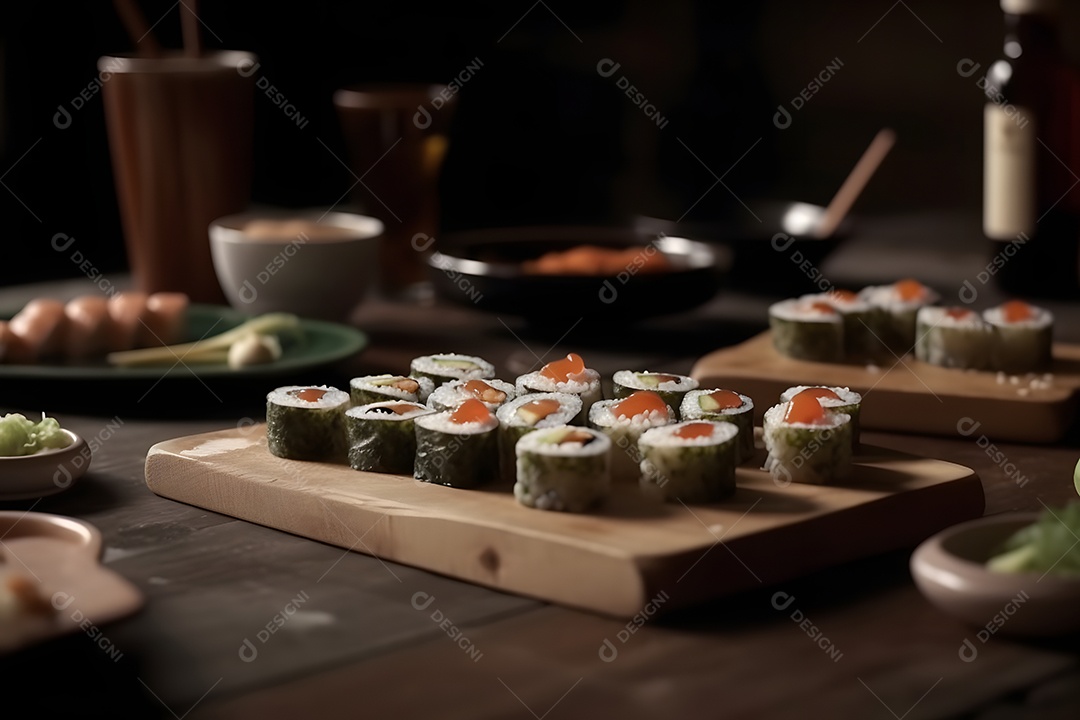 Deliciosas peças de sushi tábua de madeira