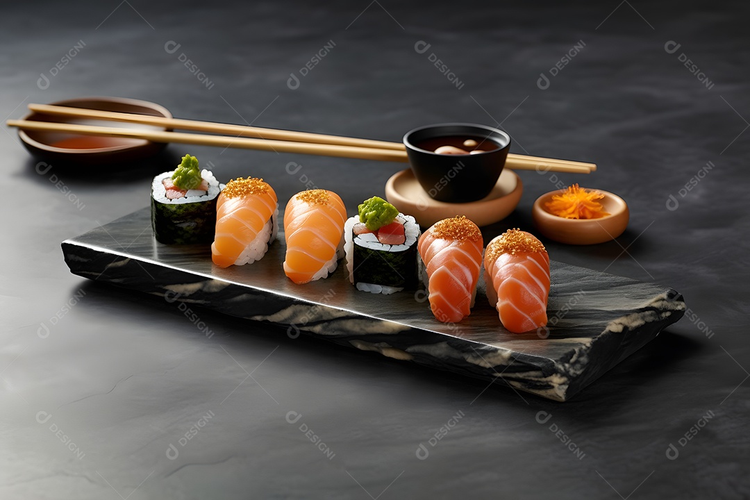 Prato com variedades de sushi sobre a mesa