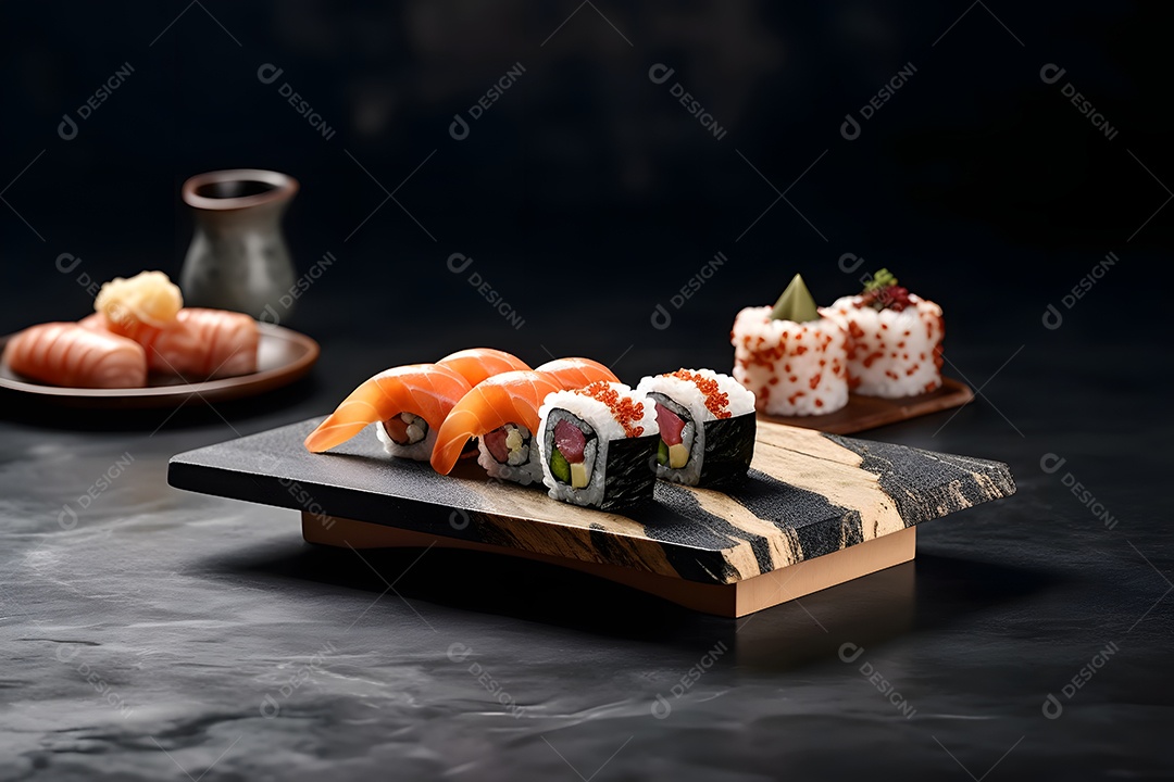 Prato com variedades de sushi sobre a mesa