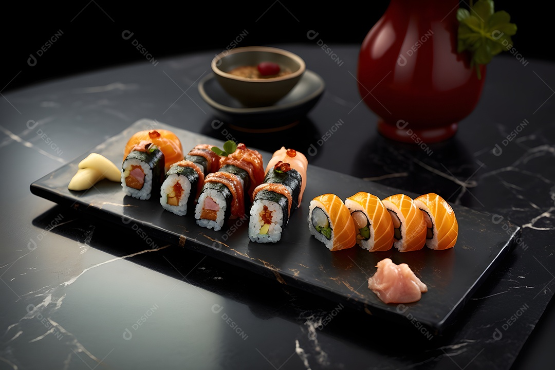 Prato com variedades de sushi sobre a mesa