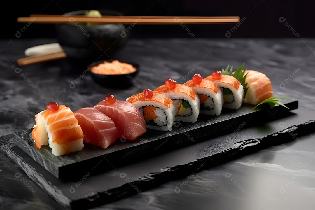 Prato com variedades de sushi sobre a mesa