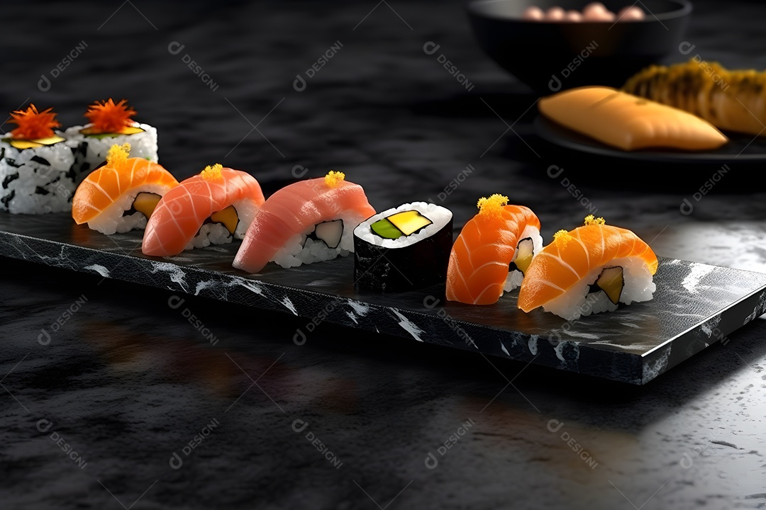 Prato com variedades de sushi sobre a mesa