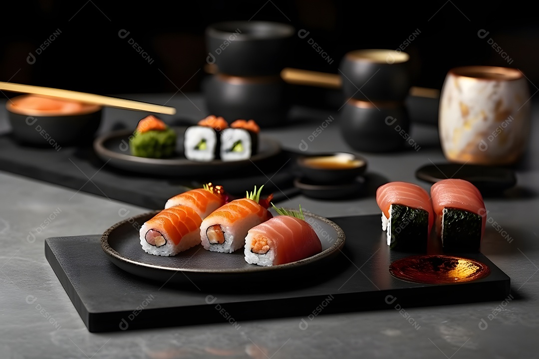 Prato com variedades de sushi sobre a mesa