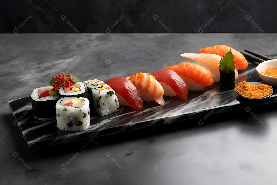 Prato com variedades de sushi sobre a mesa