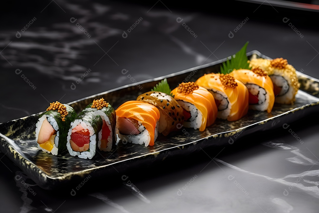 Prato com variedades de sushi sobre a mesa