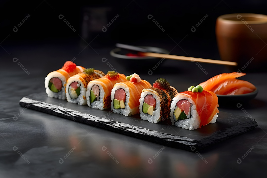 Prato com variedades de sushi sobre a mesa