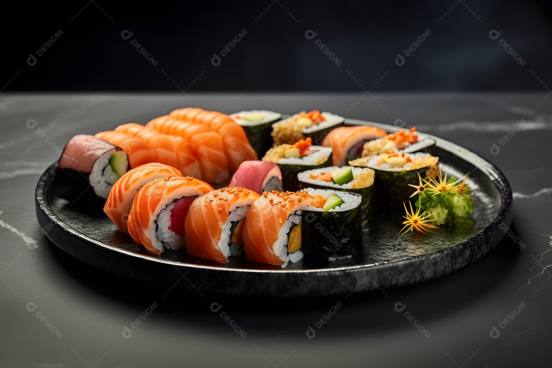 Prato com variedades de sushi sobre a mesa