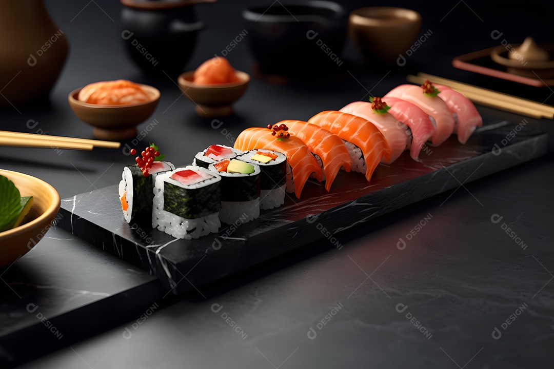 Prato com variedades de sushi sobre a mesa