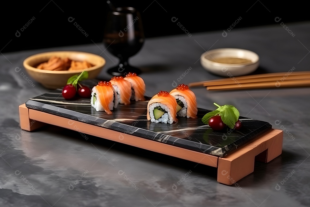 Prato com variedades de sushi sobre a mesa